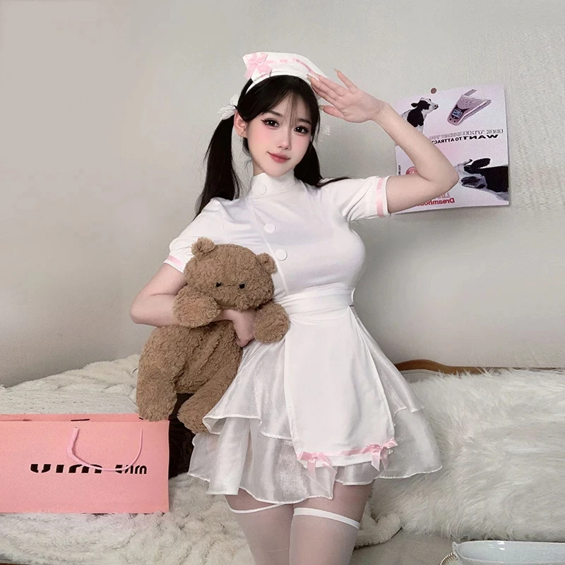 

Sexy Sweet Pink Nurse Uniform Cosplay Anime Hollow Bow Cute Outfits Costumes Lolita Halloween Carnival Backless Suit