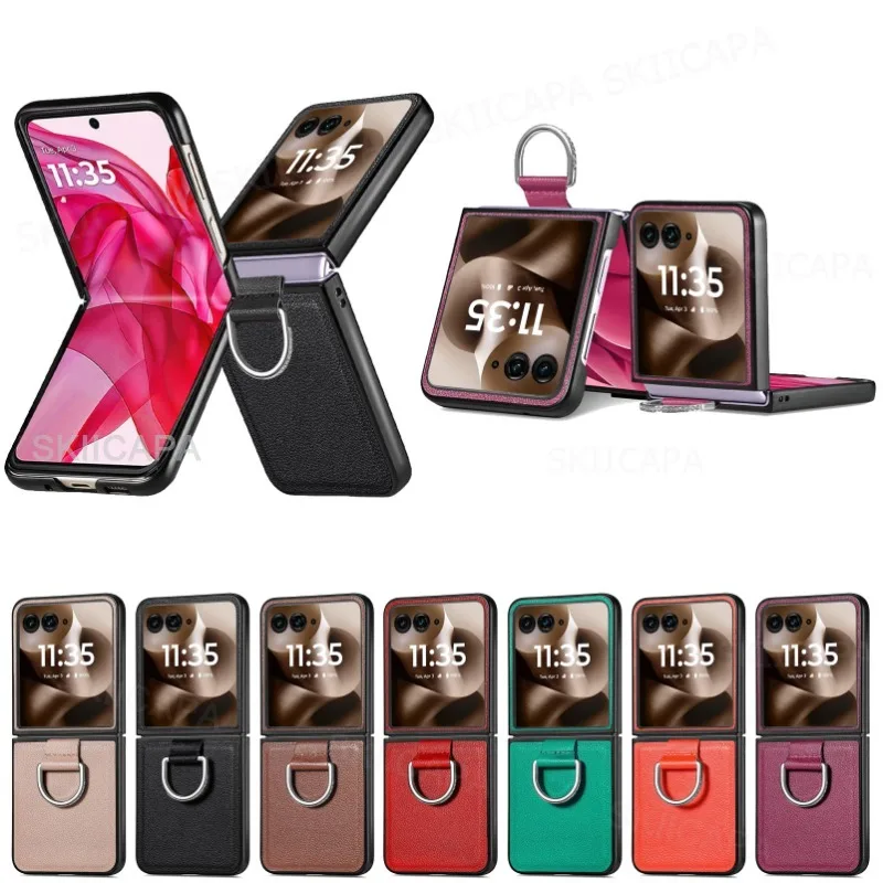 Lychee Funda de cuero con soporte de anillo para Motorola Razr + 2024 Razr Ultra 2025 Razr 60Pro 50 40 Funda trasera de protección a prueba de golpes