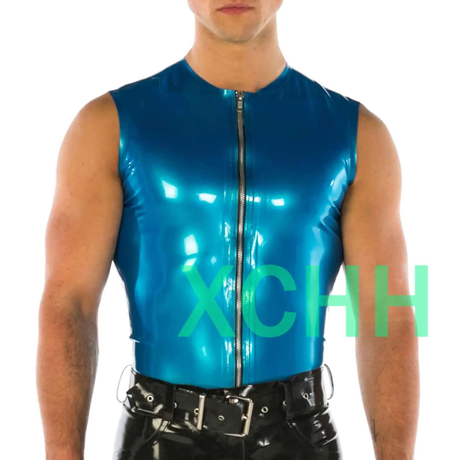 

Мужской металлический синий жилет ручной работы из латекса и резины с передней молнией, топ-майка для Хэллоуина и косплея
