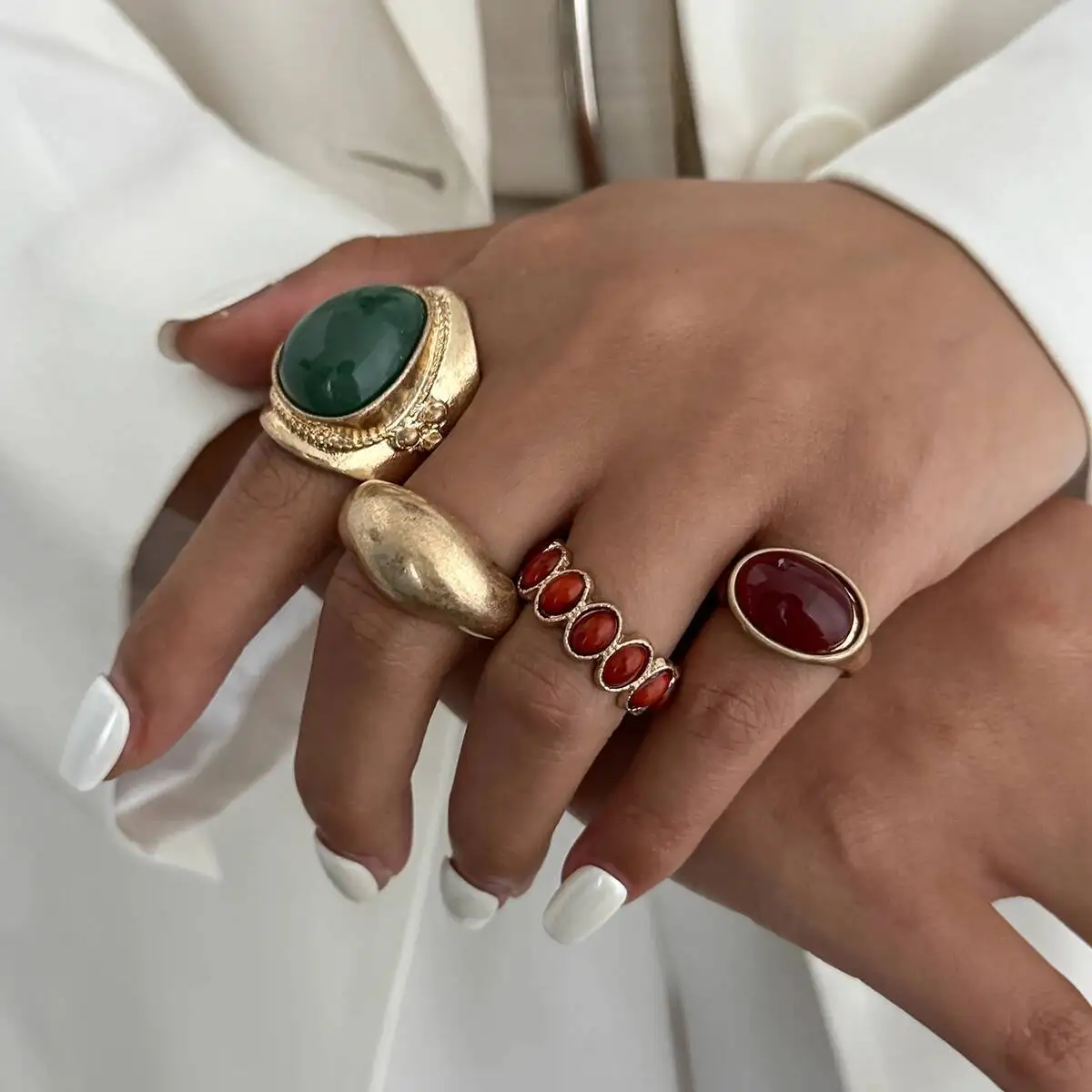 Salircon 4 unids/set Vintage Metal Irregular verde rojo acrílico anillo para mujeres Punk exagerado apilable anillo de dedo joyería de fiesta