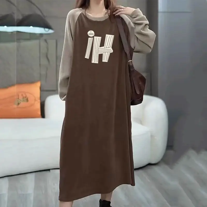 

Street Casual Loose T Shirt Dress Spring Autumn New Thin Youth Patchwork Contrast Vintage Midi Dress Fashion Trend Women Clothes