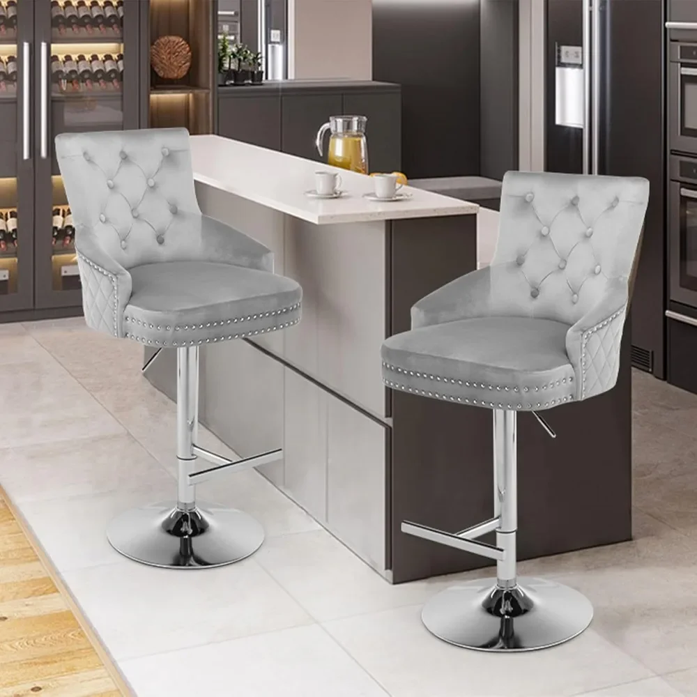 Velvet Swivel Bar Stools Set of 2, Upholstered Bar Stool Chair with Button Tufted Back and Pull Ring, Height Adjustable Swivel image 2