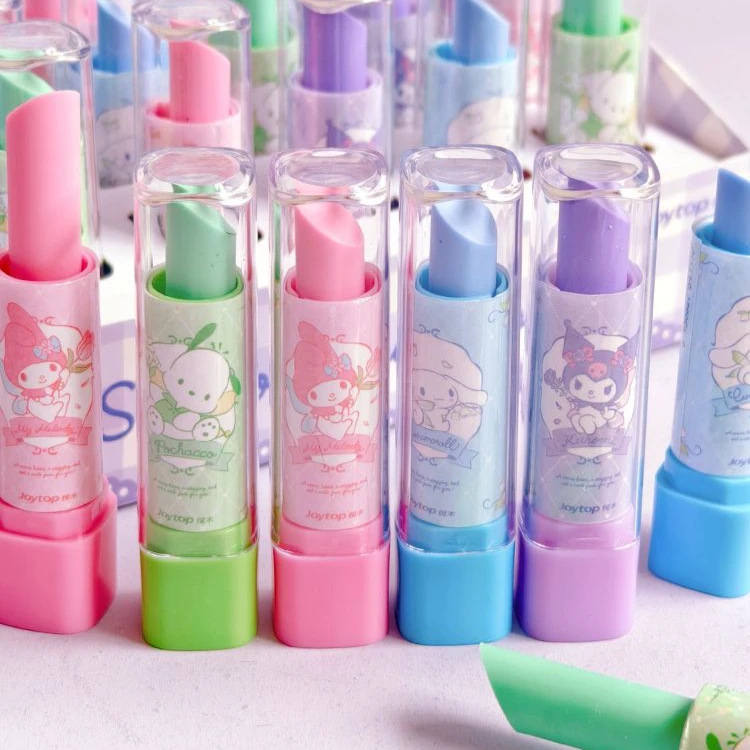 4Pcs/Set Sanrios Lipstick Rubber Eraser HelloKittys Kuromi Melody Cartoon Kawaii Children Stationery Creative Student Prize Gift