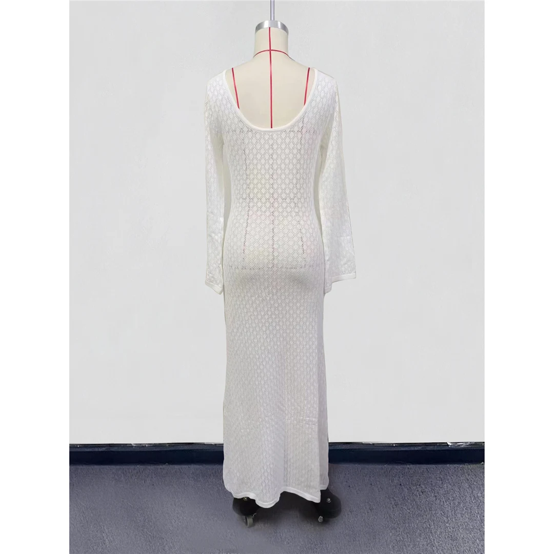 Sexy Damen Langarm-Strickkleid für Partys, lässiges, einfarbiges, rückenfreies Bikini-Überwurfkleid, Strandoutfit, Sommerkleid, Urlaub V5975 – Detail 11