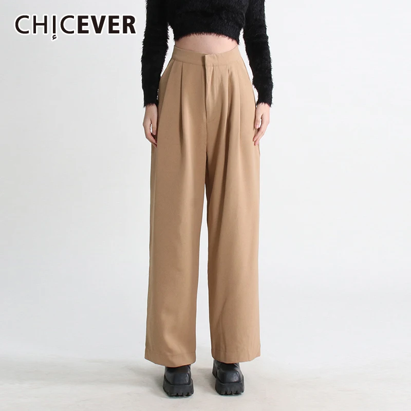 

CHICEVER Minimalist Straight Pants For Women High Waist Patchwork Pleated Wide Leg Loose Casual Trouser Female Fashion Clothing