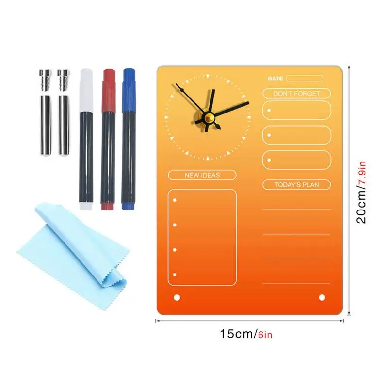Desktop Note Board Acrylic Dry Erase Board Clock With Rag And 3 Different Color Pens Planner Notepad