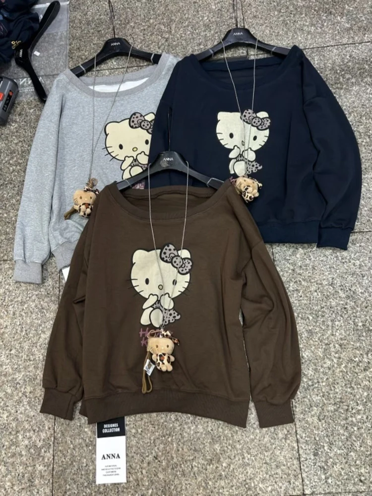 Felpa Casual con Stampa Cartoon, Spalle Scoperte, Stile Dongda Gate, Novità Inizio Autunno 2025, Moda Femminile