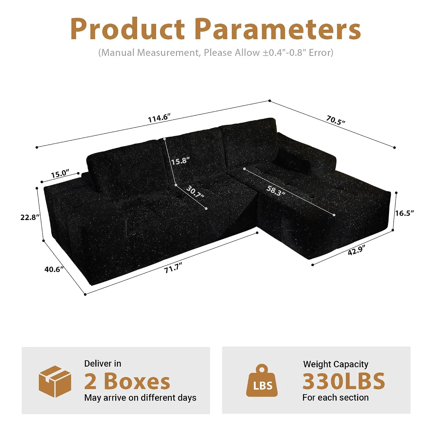 Plush Fabric Modular Sectional Sofa L-Shape with Chaise, Deep Seat No Assembly Required for Living Room, Customized