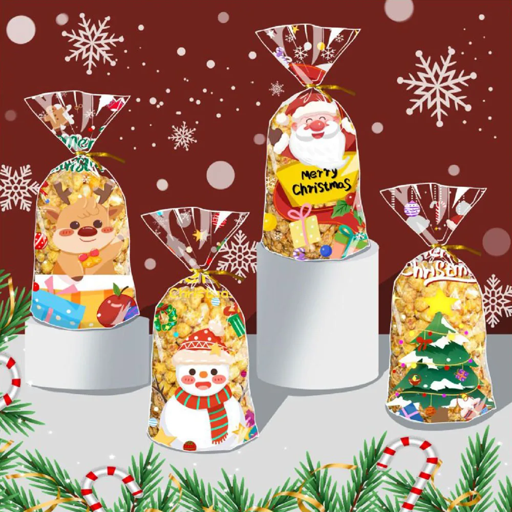 50pcs Merry Christmas Cellophane Bags With Twist Ties Xmas Clear Cello Candy Gift Bags New Year\'s Eve Christmas Party Decoration