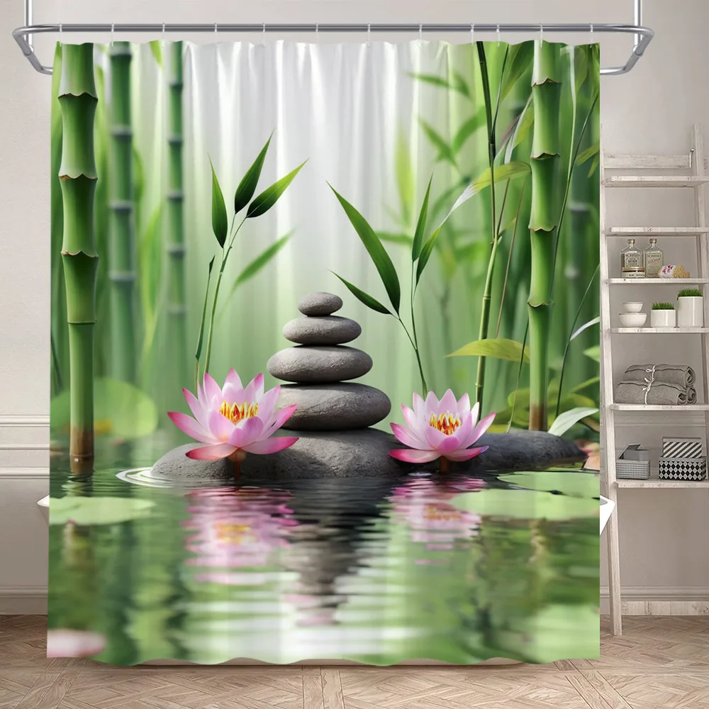 Zen Green Bamboo Shower Curtains Purple Orchid Lotus Black Stone Flowers Plant Spa Scenery Polyester Home Bathroom Curtain Decor