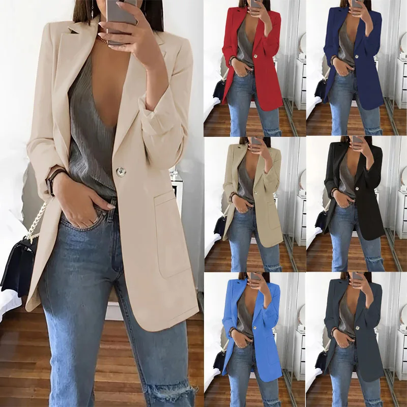 New Cross-border Solid Color Suit Collar Slim Cardigan Temperament Single Buckle Blazer Women's Clothing Cw59525
