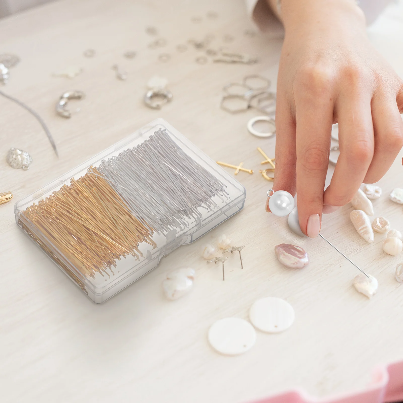 

800pcs Jewelry Making Supplies Versatile Pins for Crafts Silver 9 Shape Flat Head Eye Beads Projects Boxed