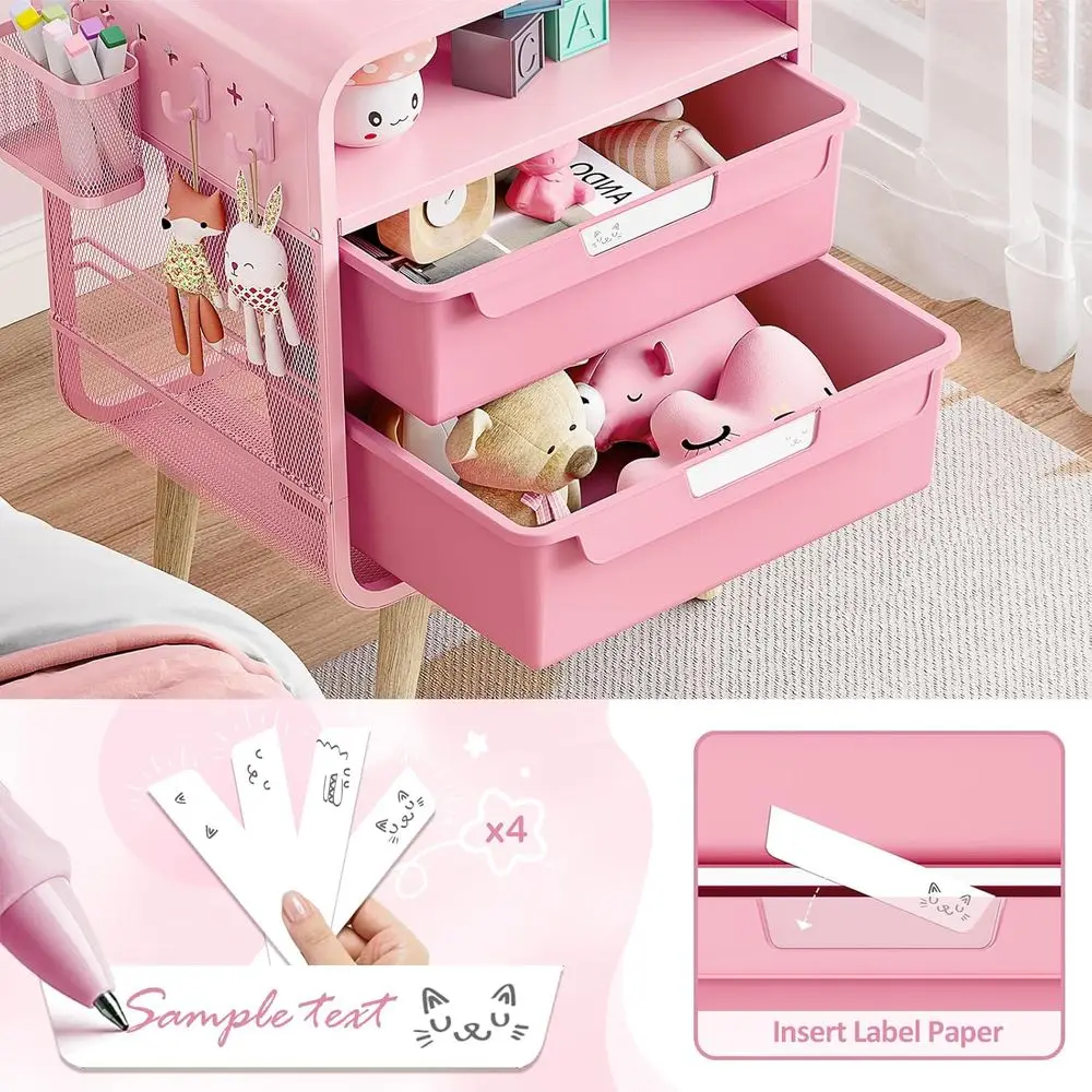 Compact Pink Storage Nightstand for Kids, Bedroom, Dorm, and Office Use