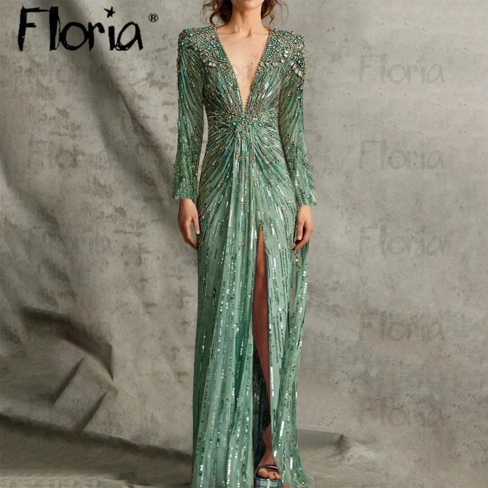 Vestido de bainha verde com pedras vintage, Vestidos de festa com decote em V profundo, Manga comprida elegante, Vestidos de noite formais