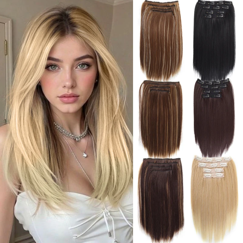

Synthetic 4PCS/SET Clip in Hair Extensions 14inch Long Straight Hair with BB Clips Blonde Black Hairpiece for Women Daily Use