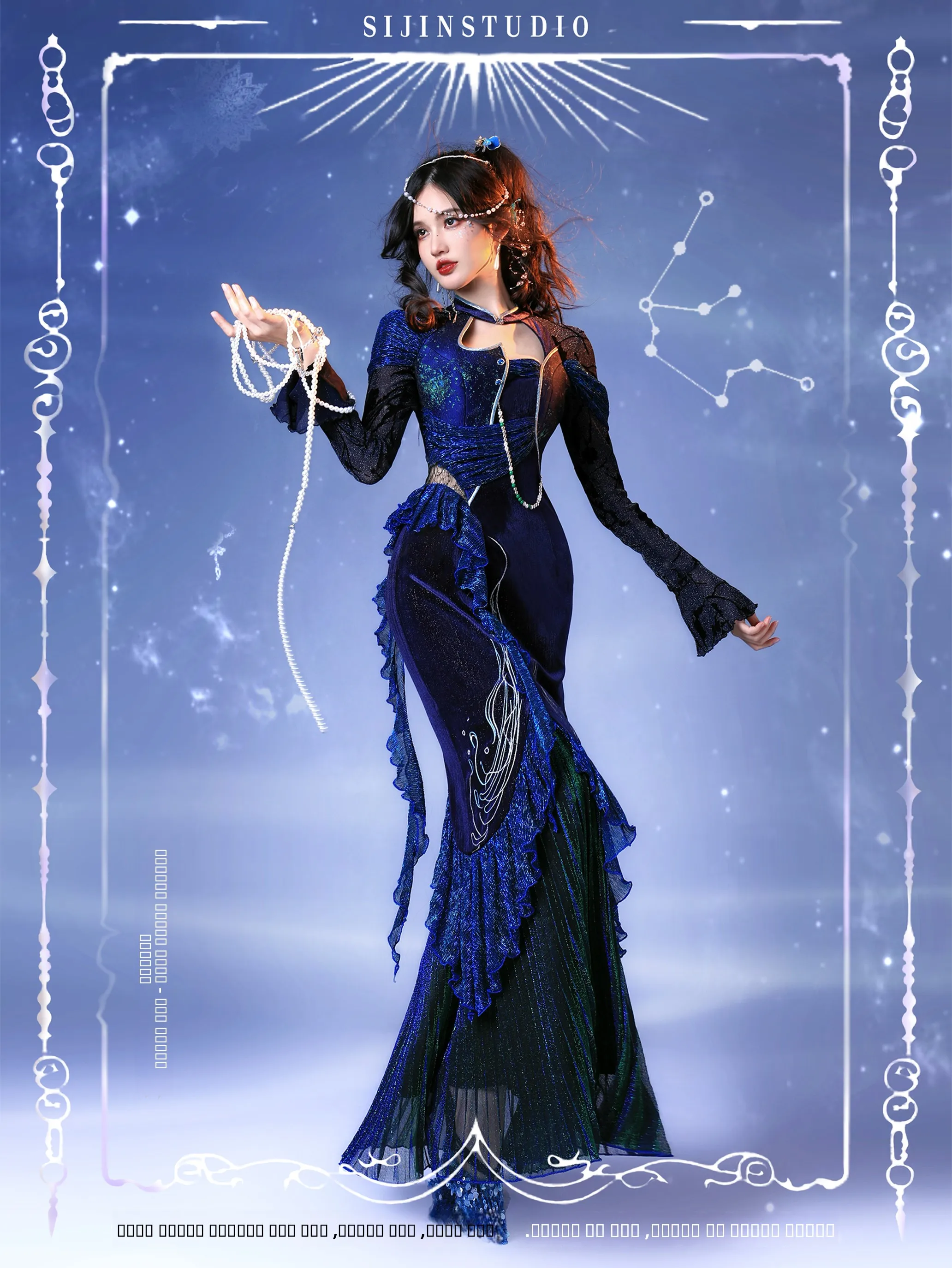 

Дышащая смесь полиэстера и спандекса Ele Velvet Embroidery Water Bottle Sign Fi Tail Qipao Dr Long Sve