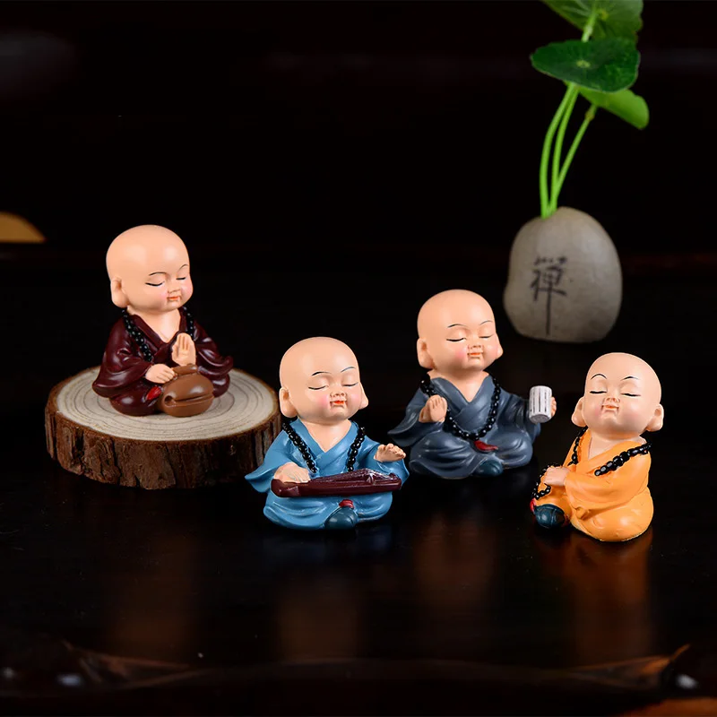 4Pcs/Set The Little Monk Meditation For Home Decorate Cute Tea Pet Cute KongFu Monk Car Interior Display