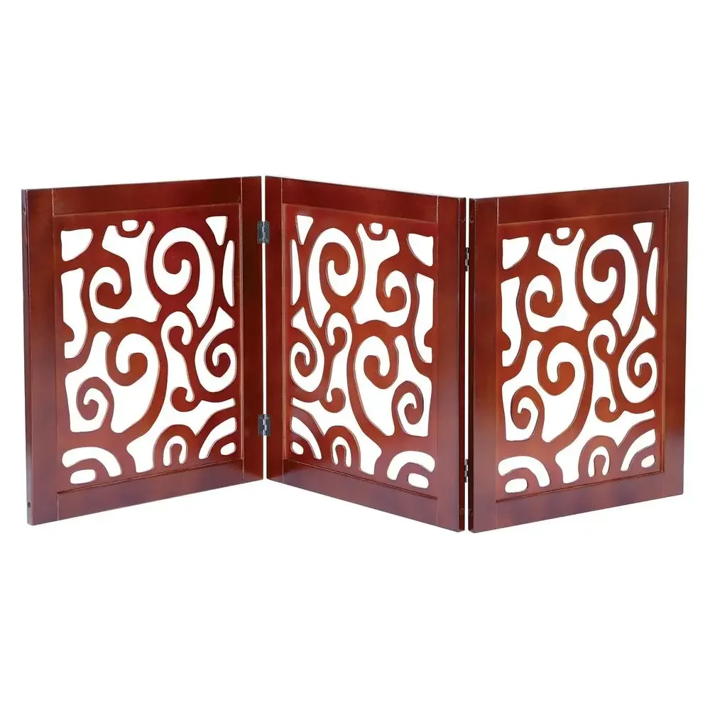 3-Panel Wooden Scroll Design Pet Gate Adjustable Freestanding Dog Barrier 45