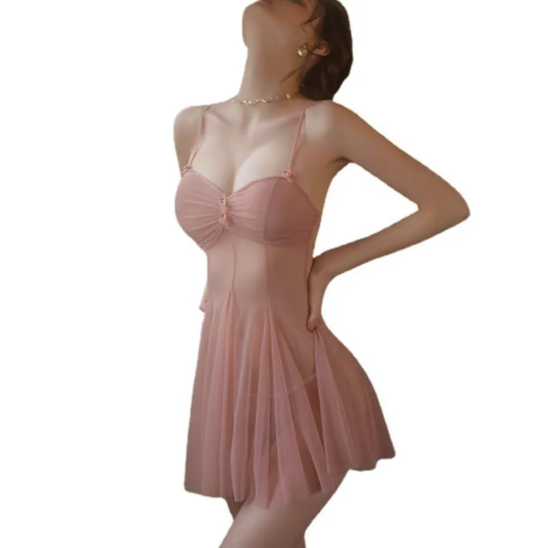 Women Wireless Push Up Babydoll Lingerie Sheer Mesh Sweetheart Neck Nightgown See Through Sleep Dress Nightdress Matching Thong