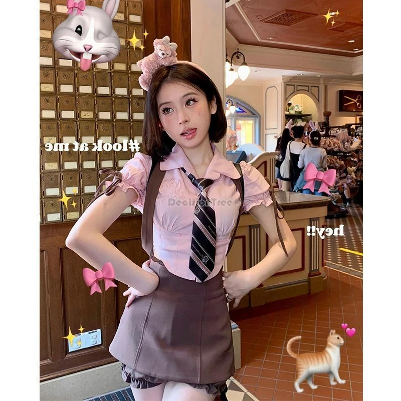 2024 Summer dress preppy fashion sweet jk curled-edge design short-sleeved shirt top skirt two sets women jk uniform set w741