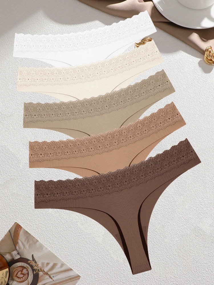 

5 шт./компл. сексуальные трусики-стринги с кружевной отделкой для женщин, бесшовные, однотонные, дышащие, эластичные, женское нижнее белье