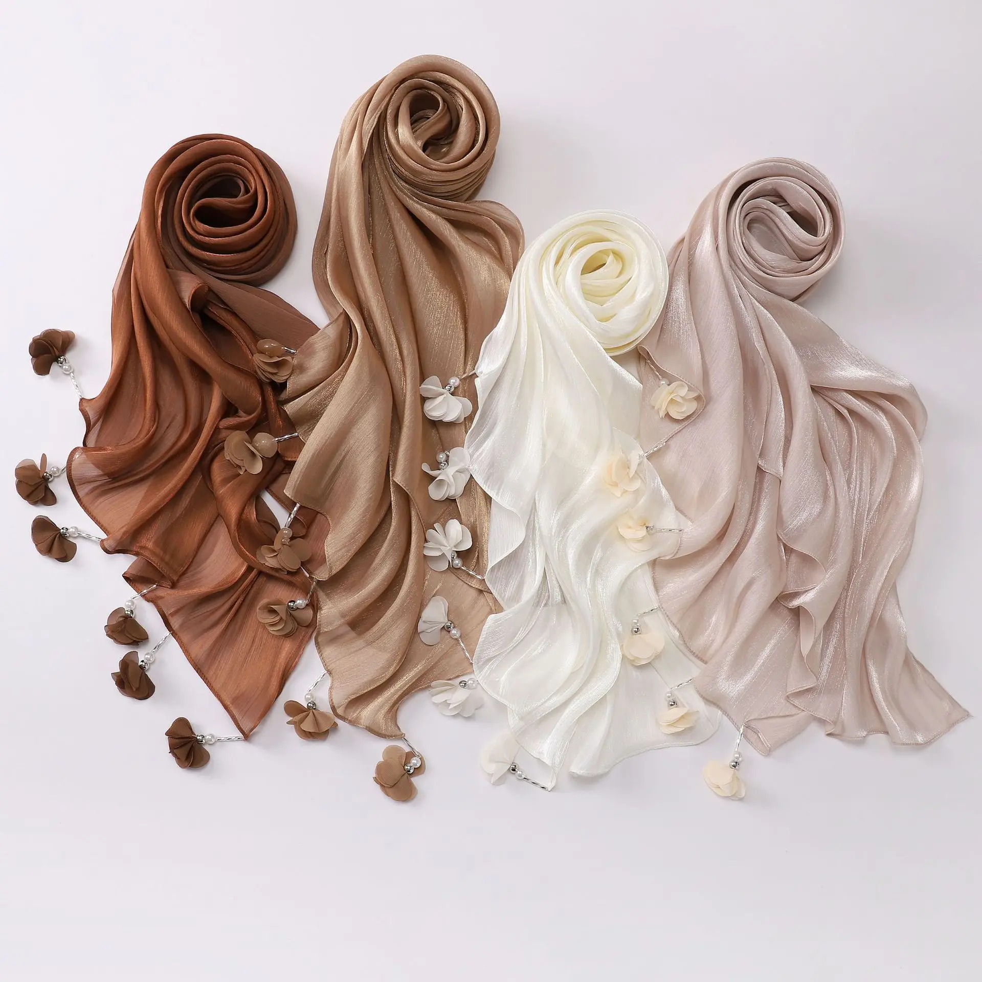 

Shiny Scarf Hijab for Muslim Women Headscarf Shawl Wrap Turban Tassel Beads Flower Breathable Scarves Bandanas Bufanda Mujer