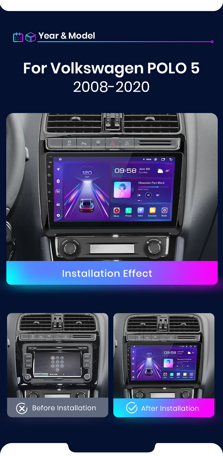 Junsun drahtlose carplay android auto autoradio für vw volkvolkswagen polo 5 gps intelligente systeme tereo multimedia autoradio – Detail 4
