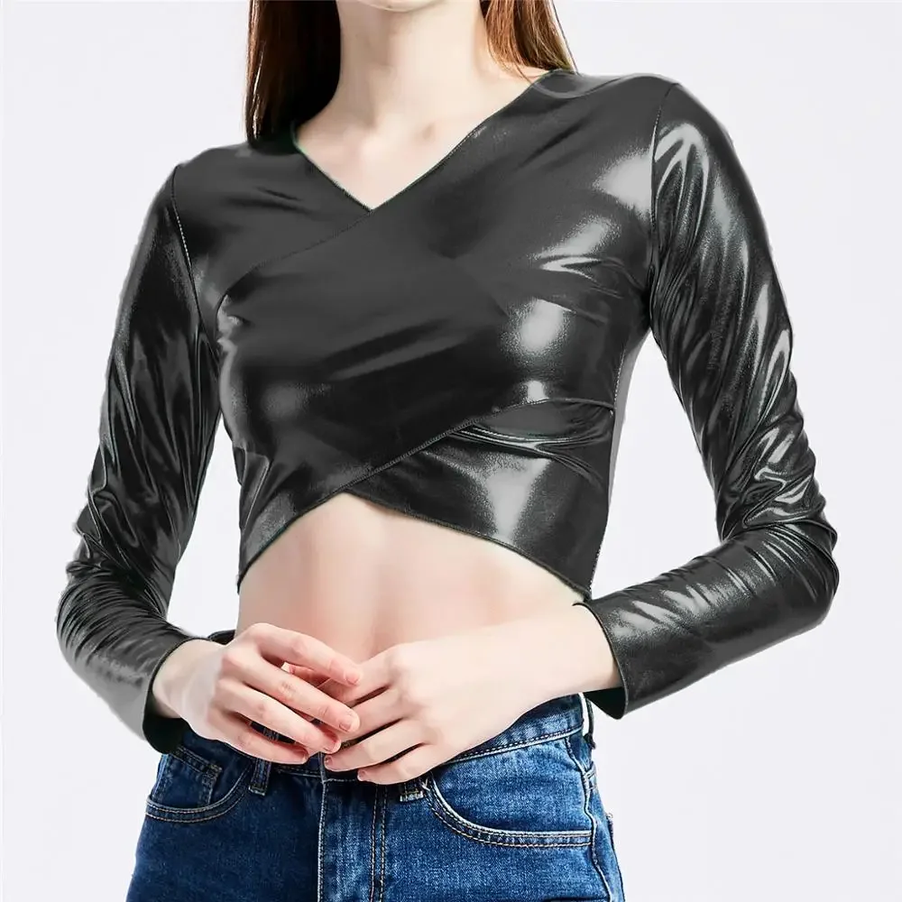 Sexy PU Leather Crop Top Women Shiny Leather Women Top Gold Silver Costumes T Shirt Club Tank Tee Stweetwear Upper Outer Garment