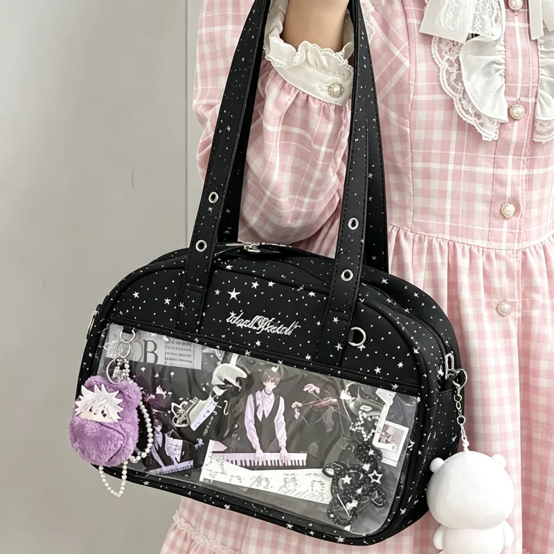 

Star Embroidered Print Shoulder Bag Japanese Harajuku Cute Ita Bag Transparent Pocket Diy Display Bag Y2k Girls Commuter Handbag