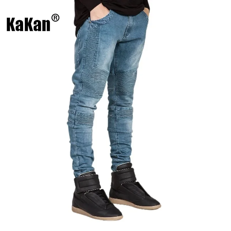 Kakan - European and American New Trendy Motorcycle Jeans for Men, Wrinkled Slim Fit Small Foot Elastic Long Jeans K7-3801