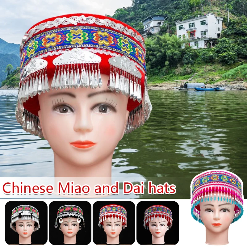 

Chinese Minority Hat Traditional Miao Yi Dai Costume Hat Vintage Women's Headdress Stage Theatrical Performance National Dance