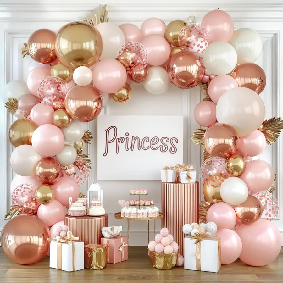 

Rose Gold Pink Balloon Arch Kit with Double Stuffed Pearl White Rose Gold Metallic Light Pastel Pink Balloons for Birthday Brid