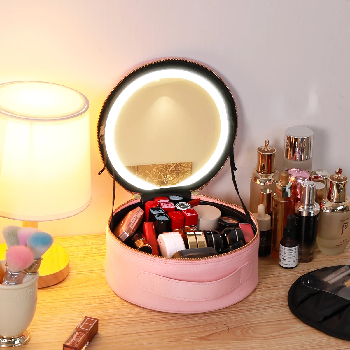 LED Illuminated Travel Makeup bag, USB Powered, Foldable Countertop Cosmetic Cases, PU Leather, with 3 Color Lighting Modes