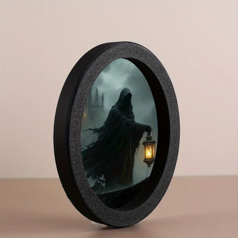 Gothic Decoration Pendant - Oval Frame with Hooded Figure and Lantern, Spooky Ornament for Halloween Parties