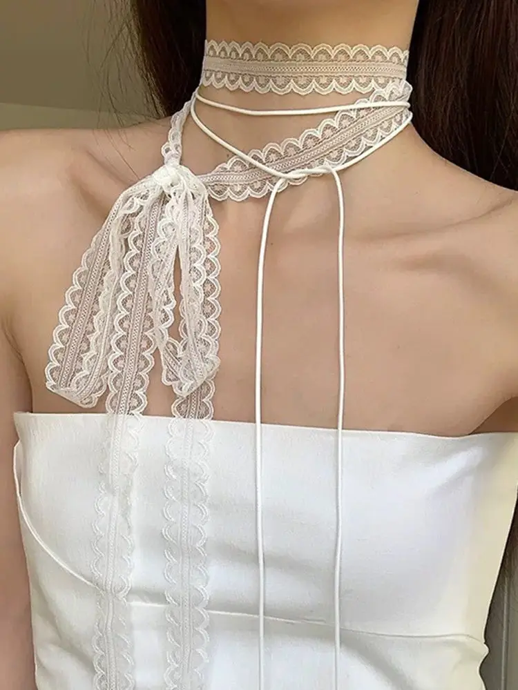

Spring Summer White Lace Knot Belt Sa Women's Thin Narrow Versatile Clavicle Ne Strap Faionable Hairband