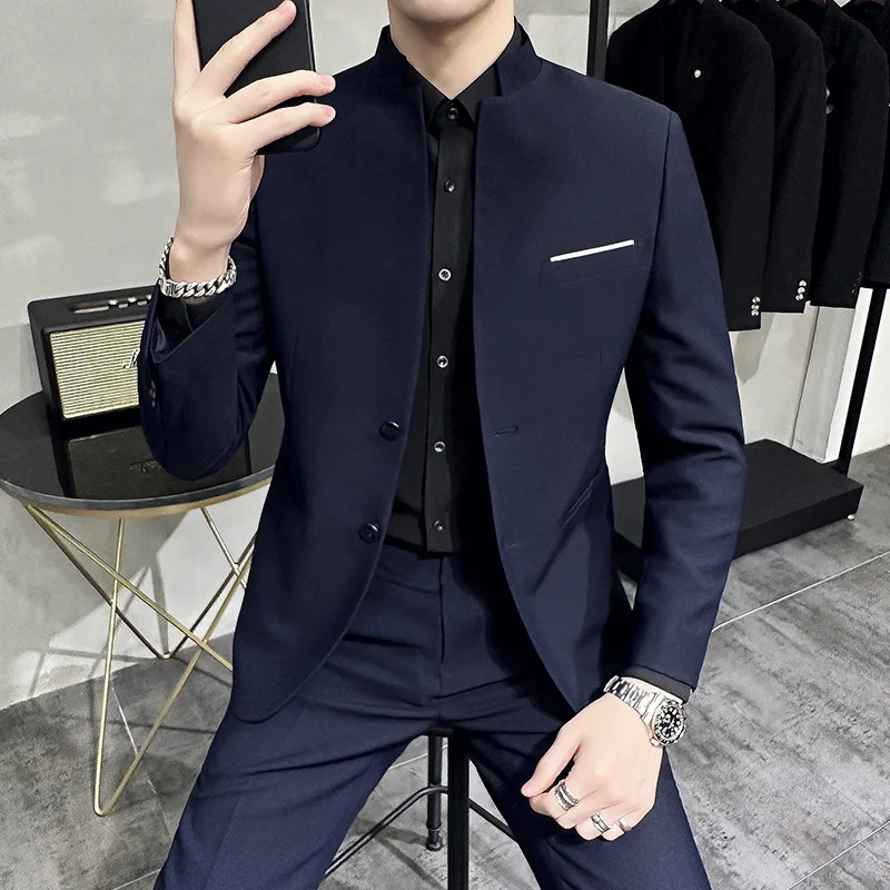 عالية الجودة الوقوف طوق دعوى الرجال 2 قطعة الأعمال الرسمية الدعاوى غير رسمية بلون مكتب حفل زفاف العريس السترة بنطلون