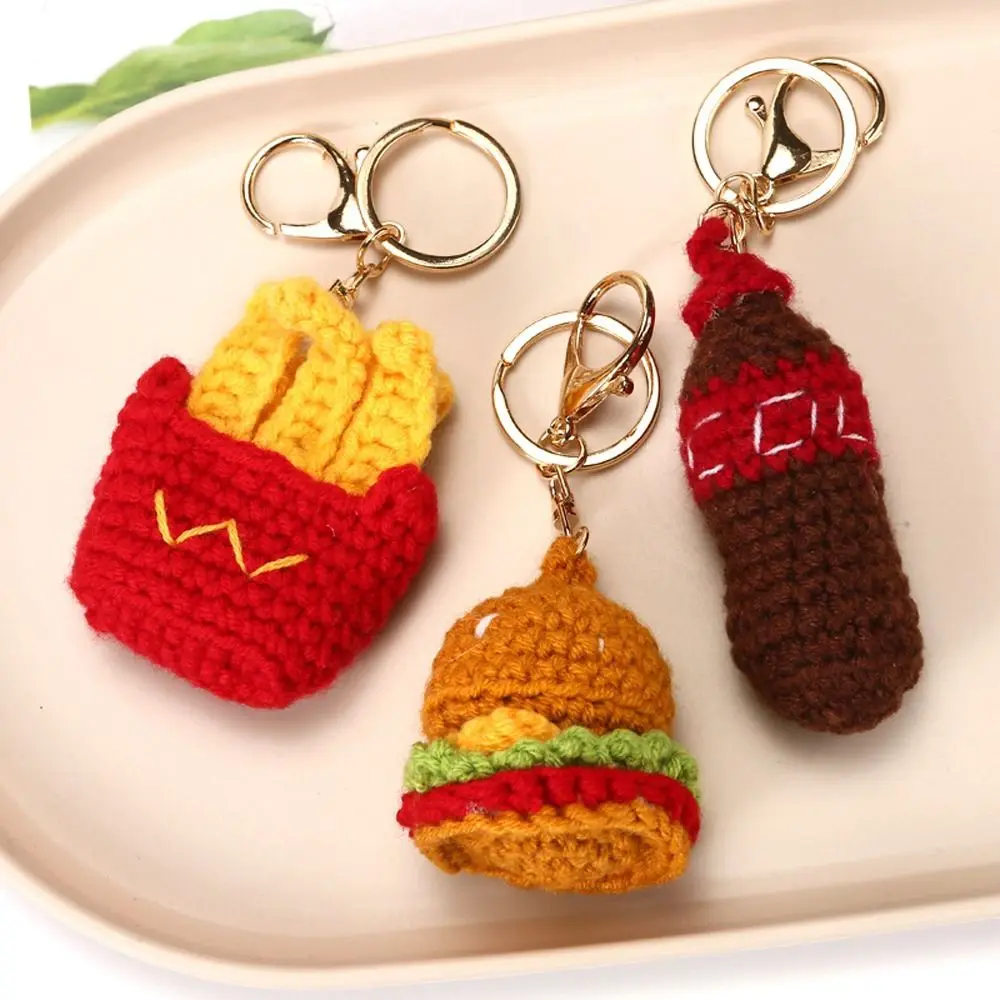 French Fries Hamburger Pizza Crochet Pendant Weaved Keychains Woolly Handmaking Knitting Key Ring Small Gifts