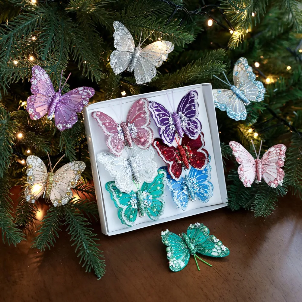 

Glitter Christmas Butterflies Ornaments Sparkling Artificial Simulation Butterfly with Clip Colorful Xmas Tree Pendants