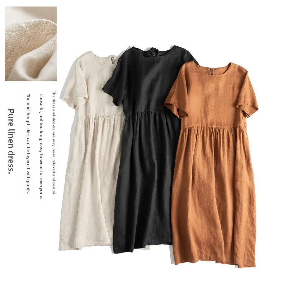 

Повседневное свободное платье из чистого льна с коротким рукавом, длинное, в богемном стиле, женское летнее модное платье, А-силуэт, с круглым вырезом