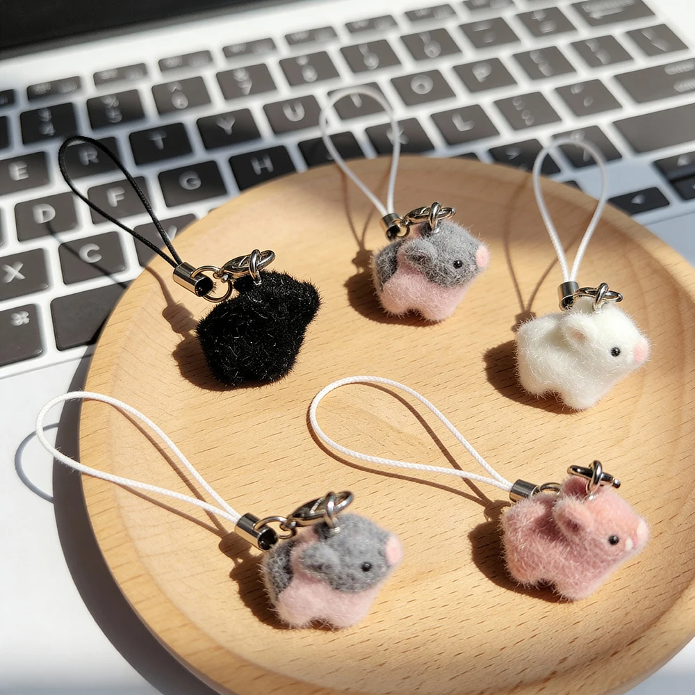 Flocked Mini Pig Keychain Lanyard for Women Girls Cute Animal Bag Charm Kawaii Phone Lanyard Backpack Gift Accessories