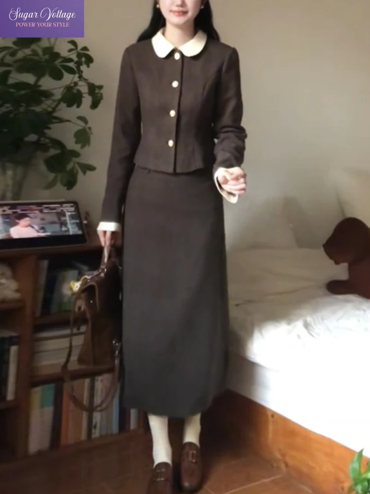 

French Elegant Luxury 2 Piece Set Women Slim Fit Long Sleeve Top + High Waist Bodycon Skirt Vintage Casual Fashion Chic Outfit