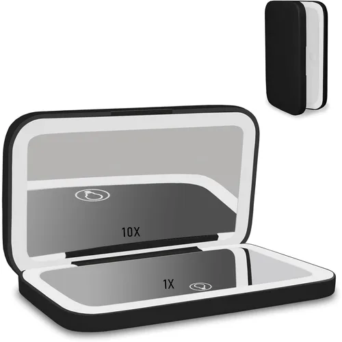 Espejo de maquillaje de viaje con iluminación LED de 3 colores, espejo compacto de bolsillo, pantalla táctil recargable por USB, portátil, 1x/5x, 2 lados