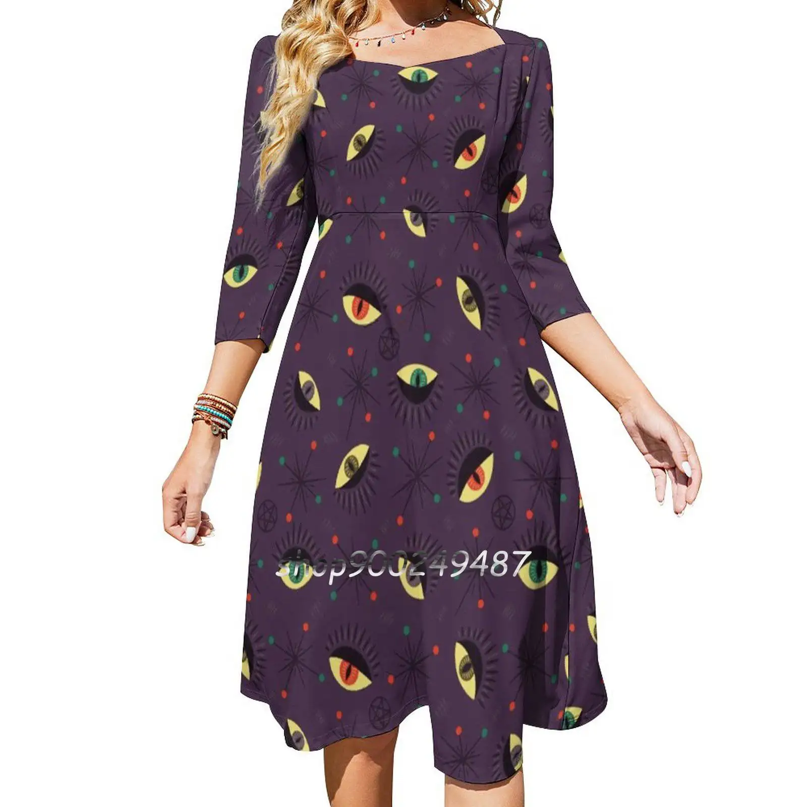 Reptile Witch Eyes Retro Pattern Square Neck Dress Sweet Summer Dress Women Elegant Halter Print Dress Witch Eyes Reptile Eyes