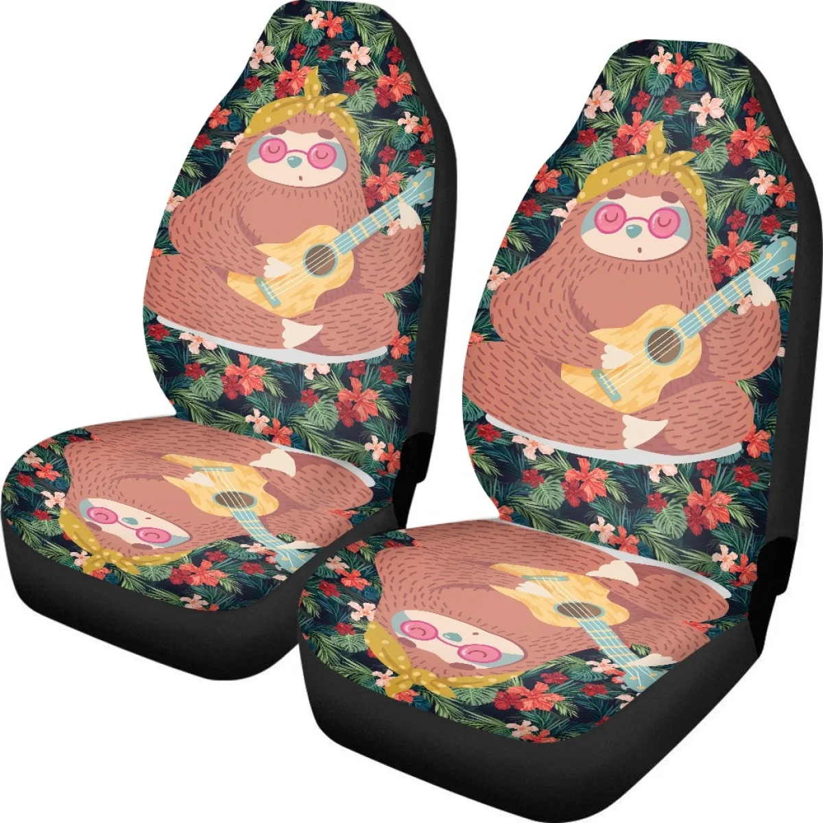 Kawaii Sloth Polynesian Plant Pattern Auto Front Seat Cover Set for Woman Men Comfort Material High Quality Protector Auto Decor