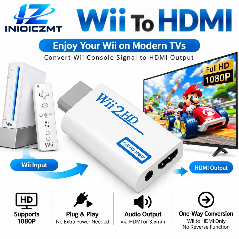 Wii To HDMI-compatible Converter 1080P Full HD Adapter Cable with 3.5mm Audio Jack for TV HDTV Monitor Game Console Plug AndPlay