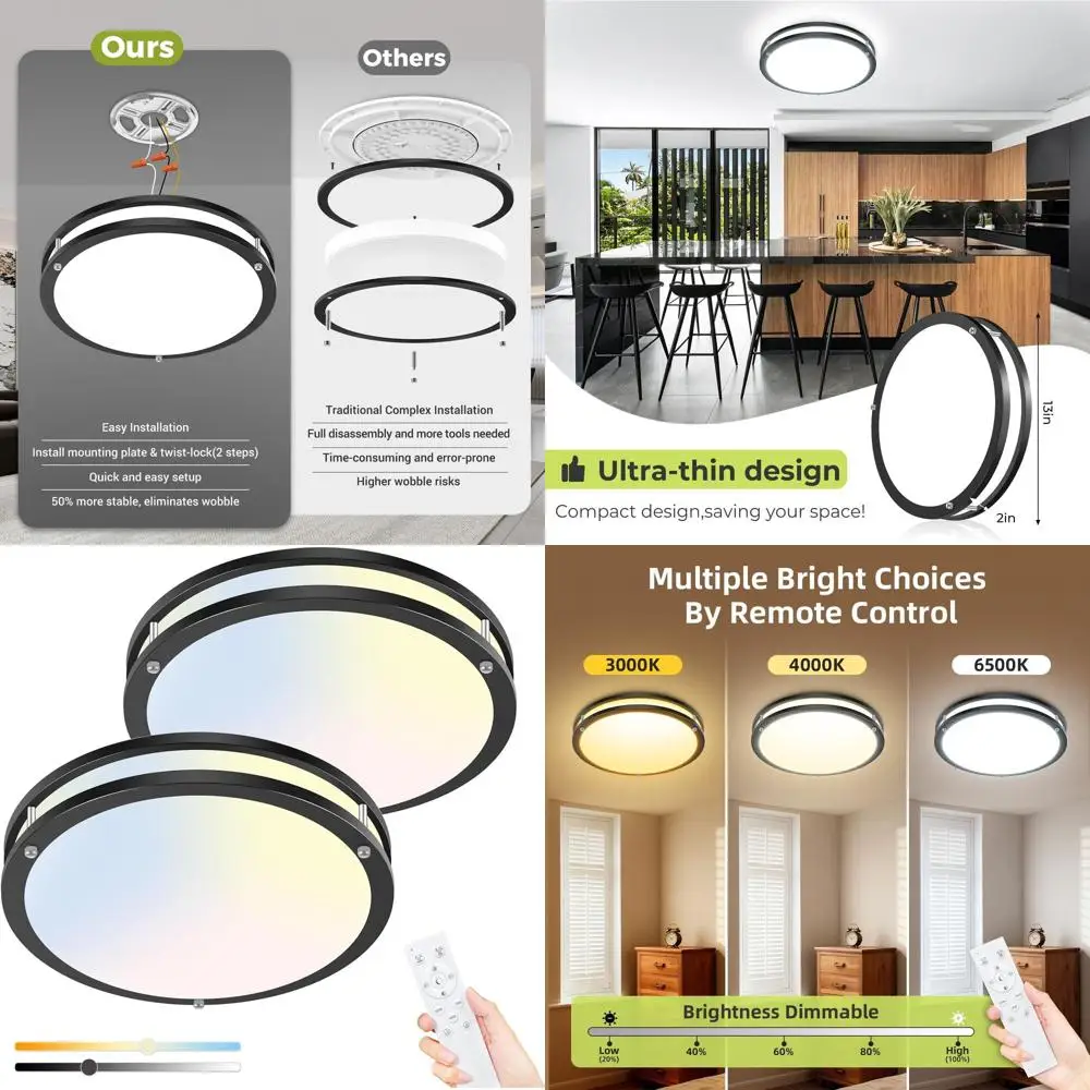 

Диммируемые светодиодные потолочные светильники (2 шт.) с пультом ДУ, регулируемая цветовая температура 3000K-6500K, 13 черных светильников для кухни, ванной, спальни