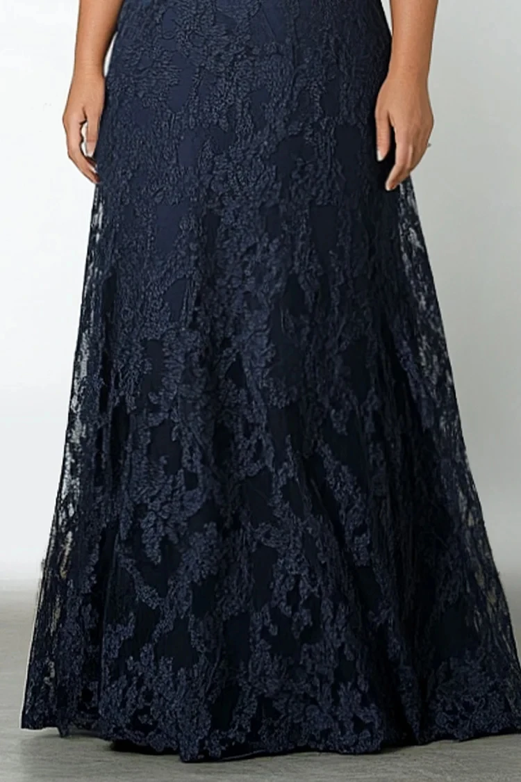 Flycurvy Plus Size Wedding Guest Navy Blue Lace Wrap Long Sleeve Maxi Dress