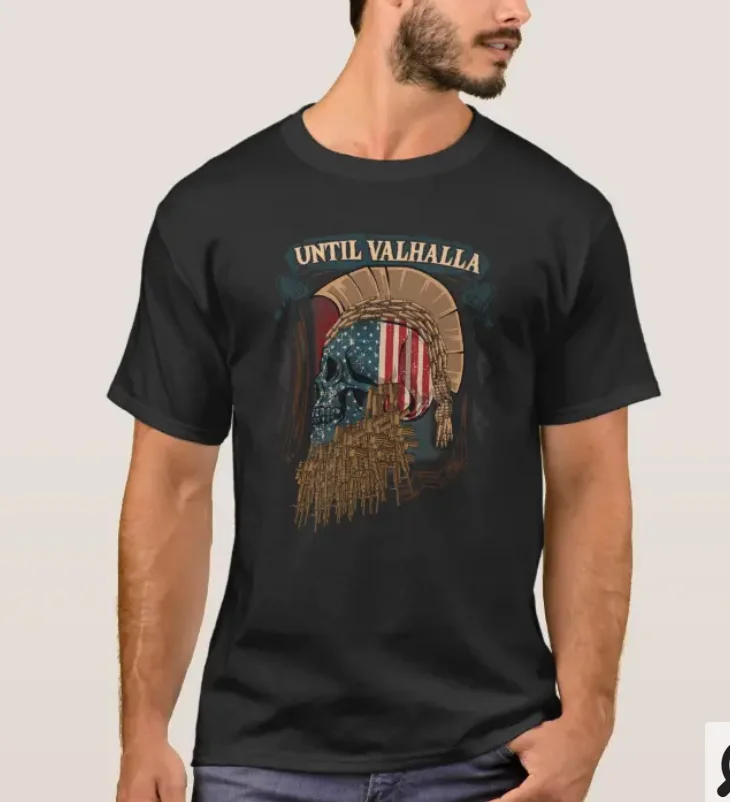 Until Valhalla. Vintage USA Flag Vikingies Warriors Skull T-Shirt 100% Cotton O-Neck Short Sleeve Casual Mens T-shirt Size S-3XL