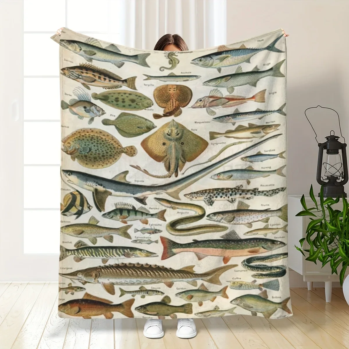 1 Modern Fish Collection Flannel Fleece Blanket - All Seasons Polyester Knit Digital Print Stain Resistant Lightweight