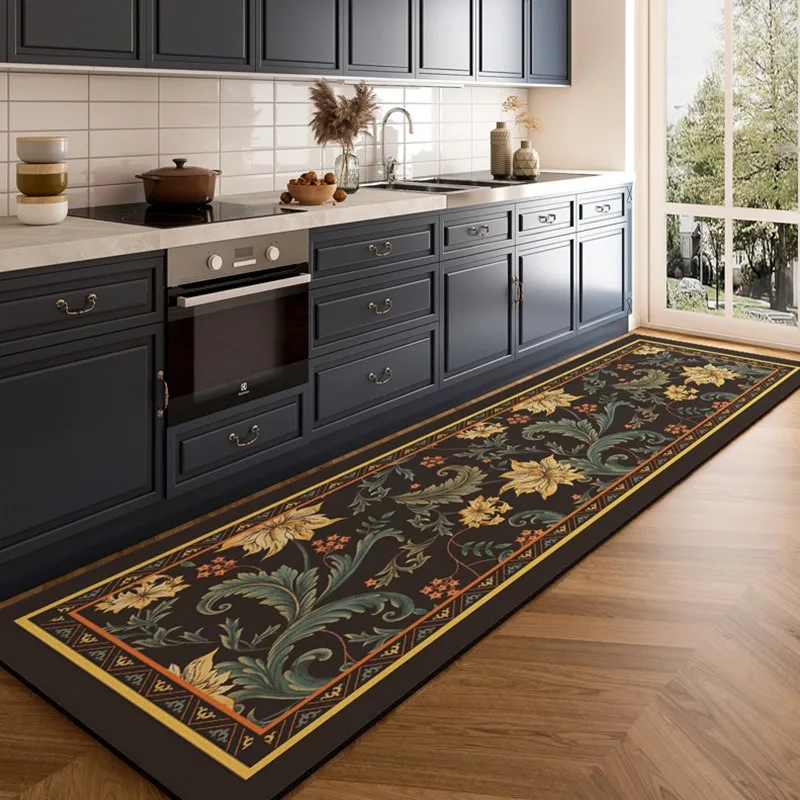 Retro High-end Floral Pattern Rugs for Kitchen PVC Leather Floor Mat Home Decor Waterproof Oil-proof Stain-resistant Foot Mat 러그